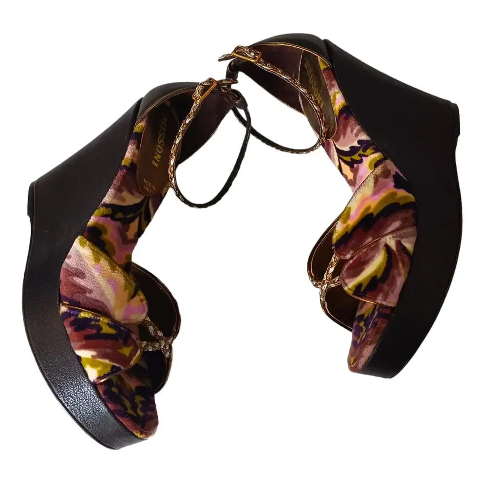 MISSONI Colorful Velvet Heel Sandal 35 High Wedge Ankle Straps Purple Green Gold